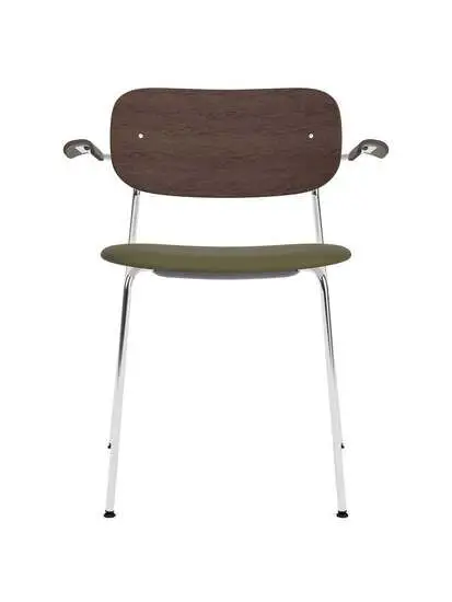 Audo Copenhagen - Co Dining Chair w/Armrest, Chrome Steel Base, Upholstered Seat PC0L, Oak Back and Arms, Dark Stained Oak, EU/US - CAL117 Foam, 0441 (Army), Sierra, Sierra, Camo