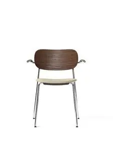 Audo Copenhagen - Co Dining Chair w/Armrest, Chrome Steel Base, Upholstered Seat PC0T, Oak Back and Arms, Dark Stained Oak, EU/US - CAL117 Foam, 02 (Beige), Bouclé, Bouclé, Audo