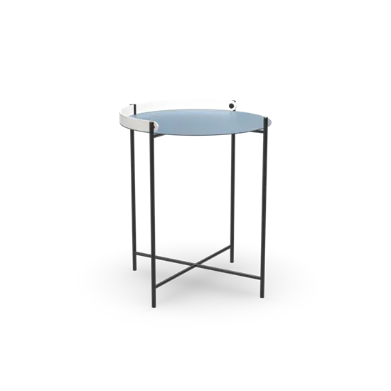 Rund bakke bord med dueblå top og slanke sorte ben, moderne design.
