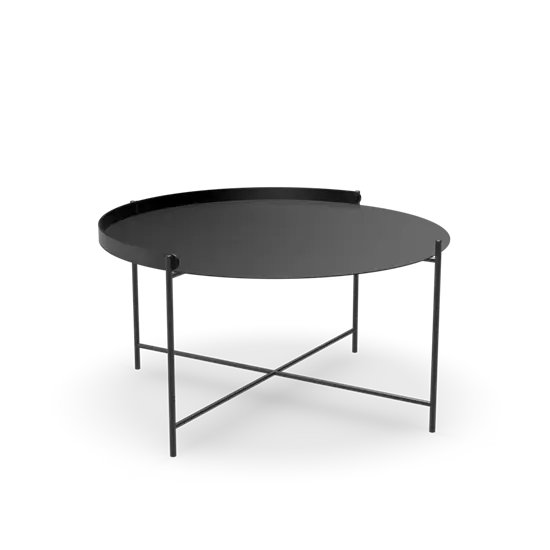 Rundt sort bakke-bord med slanke ben og kryds-støtte. Minimalistisk design.