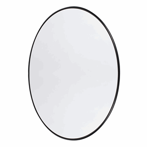 Rundt vægspejl med tynd, glat ramme og minimalistisk design, der passer til forskellige stilarter.
