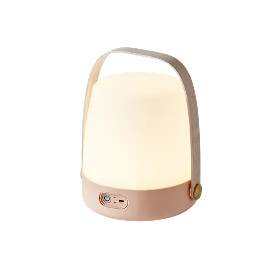 Rund bærbar lampe med håndtag og knap på basen. Glat finish, let at transportere.