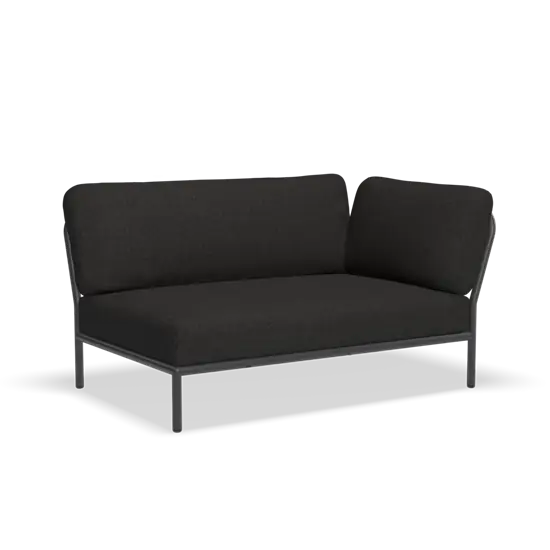 Moderne hjørnesofa med højre armlæn i sodgråt stof og metalramme. Minimalistisk design.