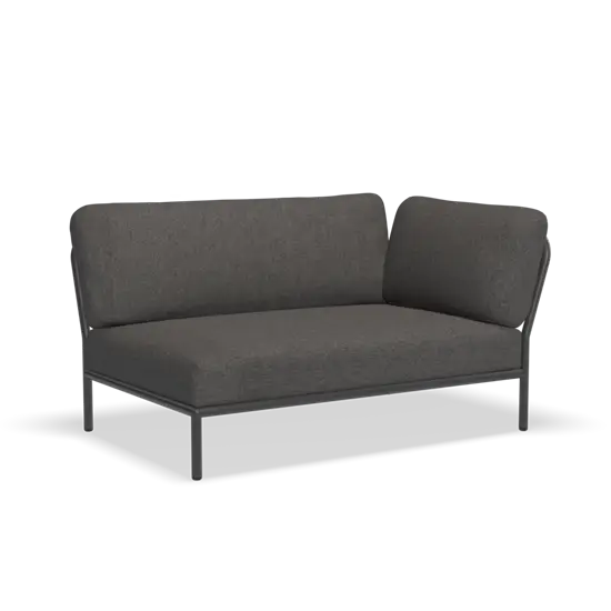 Mørkegrå hjørnesofa med stofbetræk og metalramme, moderne design.