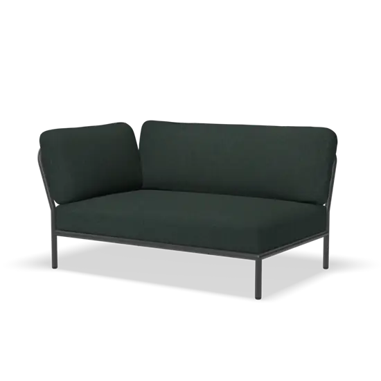 Mørkegrøn hjørnesofa med metalben. Venstresidet design.