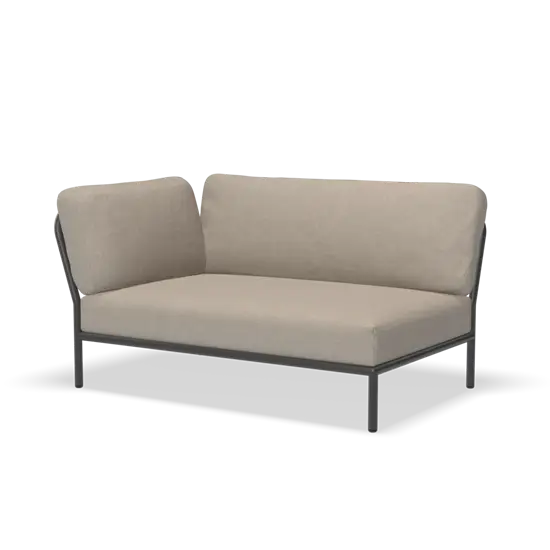 Hjørnesofa med venstre armlæn, askefarvet stof og metalramme i minimalistisk design.