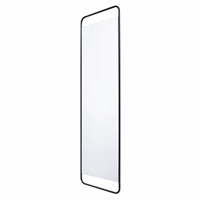 Rektangulært vægspejl med sort, tynd ramme og afrundede hjørner. Højt og smalt design.