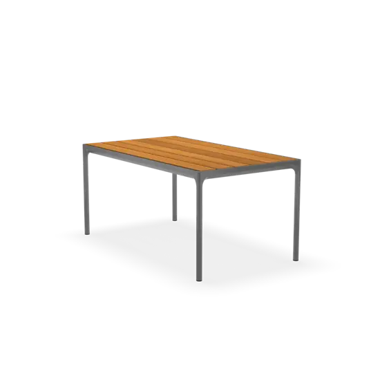 Rektangulært bord med bambusplade og metalramme, minimalistisk design, 160x90 cm.