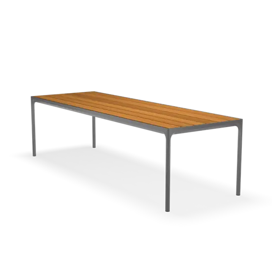 Rektangulært bord med bambusplade og slankt metalstel. Moderne design, 270x90 cm.