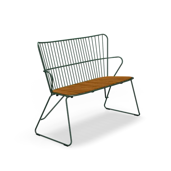Grøn metalbænk med træsiddeplads, minimalistisk og moderne design.