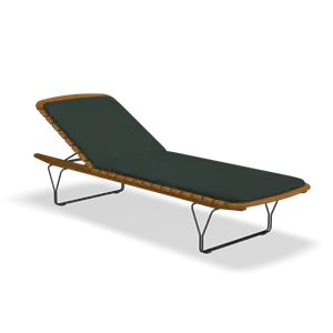 Solseng med mørkegrøn pude, træramme og metalben, moderne design.