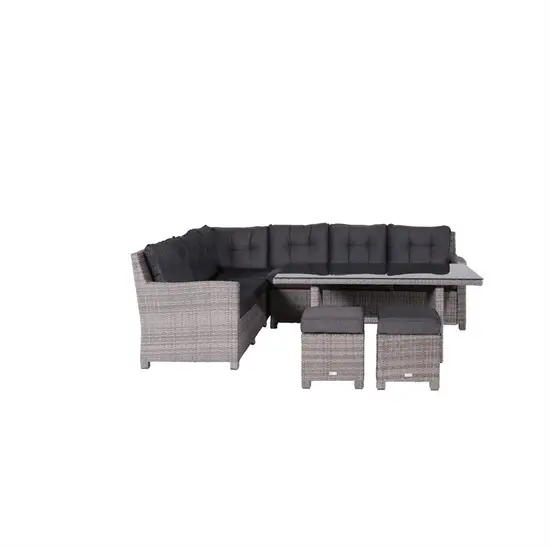 Lounge sæt i grå flet med mørke hynder, inkl. hjørnesofa, bord og to skamler, 5 dele.