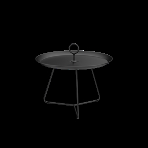 Rund sort bakke-bord med central hank og tre slanke ben.