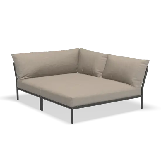 Grå hjørnesofa med minimalistisk design og højre ryglæn i askefarvet stof.