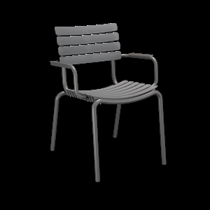 Mørkegrå spisebordsstol med armlæn, moderne design og slanke linjer.