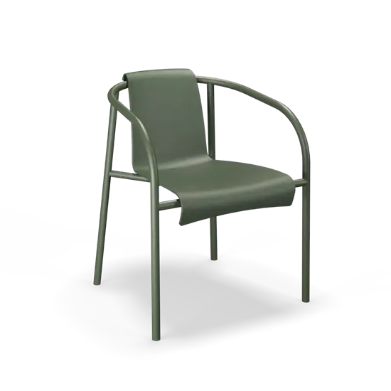 Olivengrøn NAMI spisestol med armlæn, minimalistisk design, buede linjer og moderne stil.
