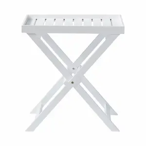 Lille hvid bakkebord med X-formede ben og slatted design, ideel til små rum eller som sidebord.