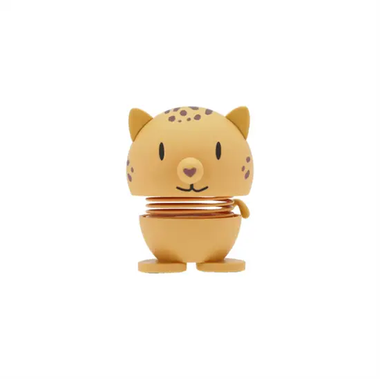 Lille leopardfigur med runde former, leopardpletter, katteører og en fjeder til bouncy effekt.