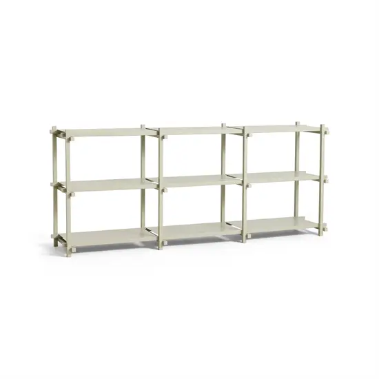 Minimalistisk grå reol med tre kolonner og ni hylder, enkel og funktionel i design.