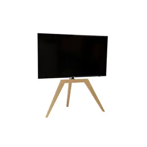 Minimalistisk TV-stander i egetræ med tre ben, designet til at bære fladskærms-TV.