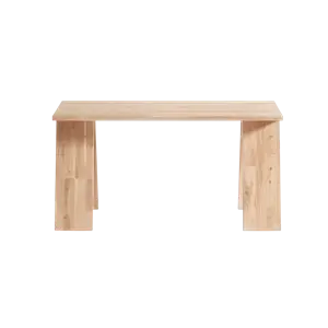Minimalist bænk i genbrugt eg med rektangulær top og lige ben med rene linjer.
