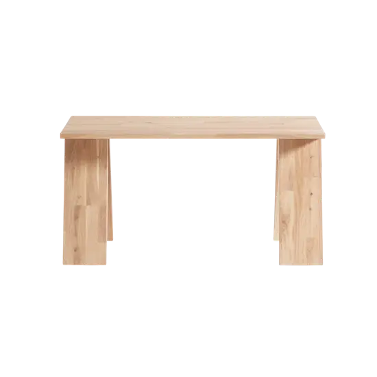 Minimalist bænk i genbrugt eg med rektangulær top og lige ben med rene linjer.
