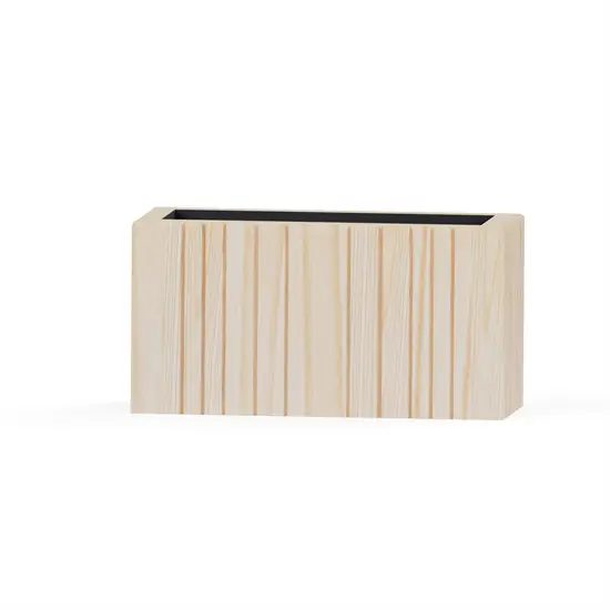 Plantekasse i lyst træ med lodrette riller, rektangulær form, måler 77 x 33 x 40 cm.