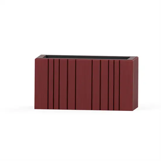 Rektangulær plantekasse i terracotta rød med lodrette riller og sort indre, 77 x 33 x 40 cm.