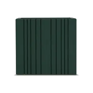 Mørkegrøn plantekasse med lodrette lameller, rektangulær form, 77 x 33 x 70 cm.