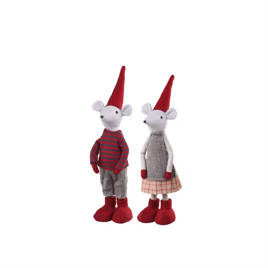 To stående julemus med røde hatte og sko; den ene i stribet trøje, den anden i mønstret kjole.