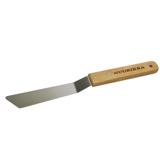 Muurikka stegespade med træhåndtag og fladt, vinklet metalblad med spids ende.