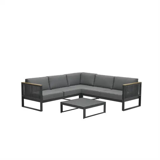 Sort/midgrå hjørnesofa med moderne design og rebsider, inkl. rektangulært sofabord.