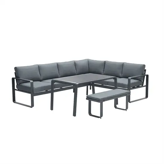 Lounge sæt med hjørnesofa, bord og bænk i sort/grå. Minimalistisk design.