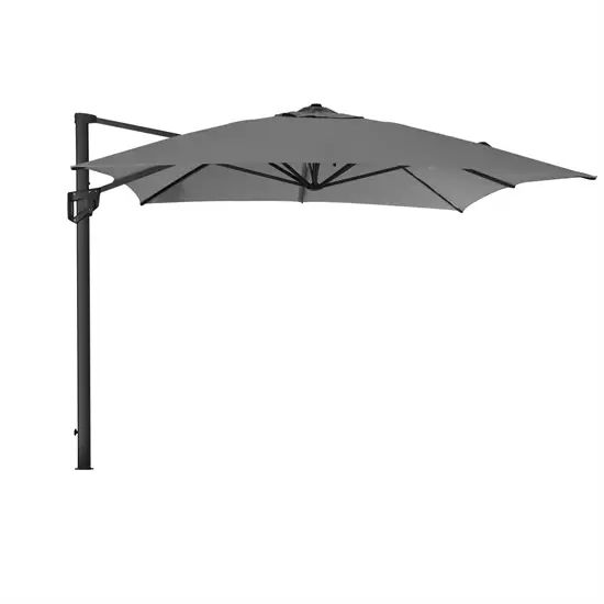 Stor, antracitgrå parasol med sidepole, giver skygge og plads. Elegant til terrasse og havebrug.