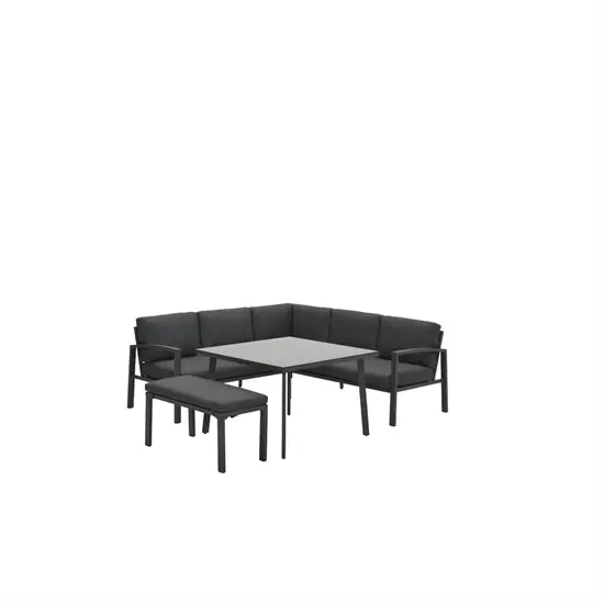 Sort loungesæt med hjørnesofa, firkantet bord og bænk, velegnet til udendørs brug.
