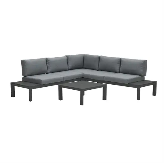 Sort/gråt, L-formet loungesæt med grå puder og firkantet sofabord. Moderne og stilrent design.
