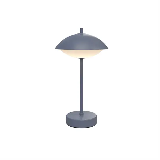 Blå bordlampe med rund form og mat overflade, moderne og minimalistisk design fra Fritz Hansen.