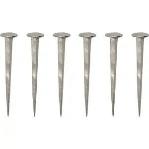 Sølvfarvede sømkroge med facetteret hoveddesign, seks stykker side om side.