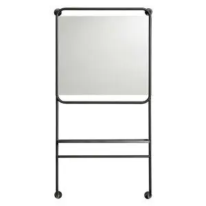 Rektangulært spejl med sort metalramme og integrerede stænger. Moderne design.