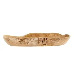 Oval skål i teakrod med rustikt design, glatte buede kanter og synlig træstruktur i naturlig stil.