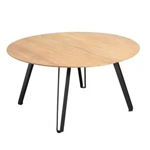 Rundt spisebord med naturlig finish og sorte, vinklet metalben.