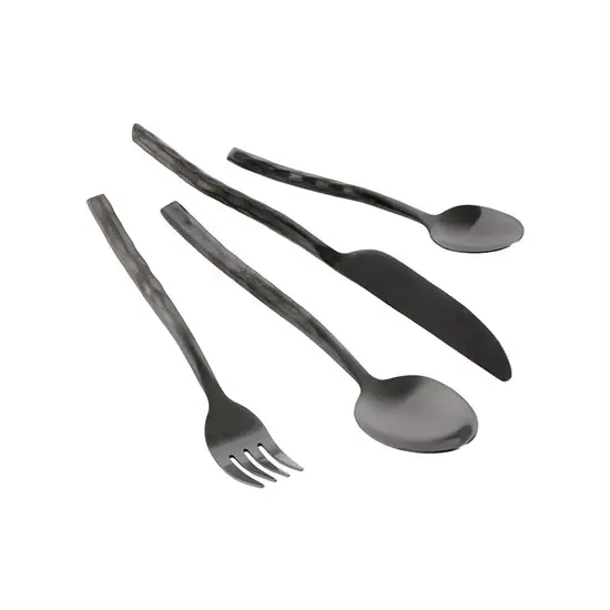 Sort bestiksæt med teksturerede håndtag og glatte hoveder. Inkluderer gaffel, kniv, spiseske, teske.