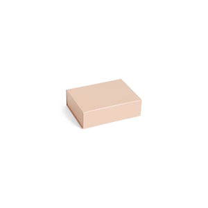 Rektangulær opbevaringskasse i blød pink, lille størrelse, enkel og minimalistisk design.