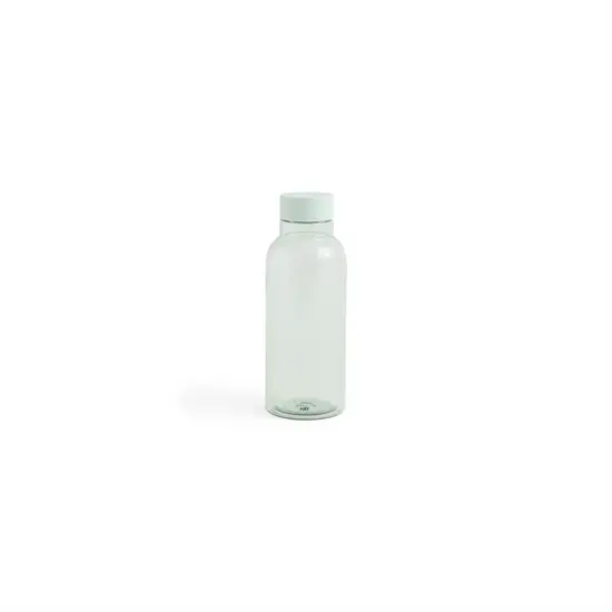 Klar vandflaske med lyseblå låg, 0,54 liter kapacitet, enkel og elegant design.