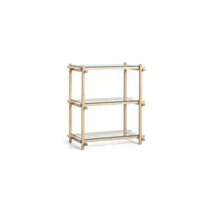 Woody Shelving 2.0, tre glashylder, minimalistisk trækonstruktion, enkelt enhed.