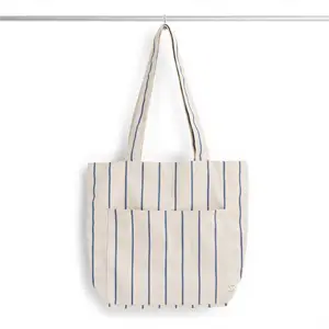 Hay - Outdoor Market Tote Bag-Medium-Beige with blue stripe