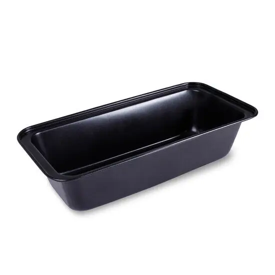 Sort brødform, rektangulær, 27 x 14 cm, med glat, skinnende inderside.