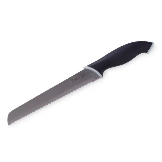 Brødkniv med mørkt håndtag og savtakket klinge, mærket "Royal Series".