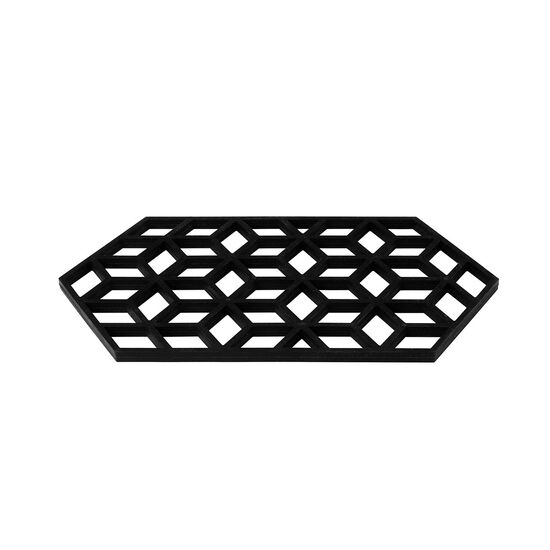 Sort silikone bordskåner med geometrisk mønster og sekskantet form.