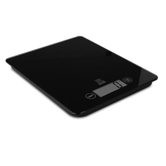 Sort køkkenvægt med digital display, kapacitet 15 kg, knapper til enheder og tara.